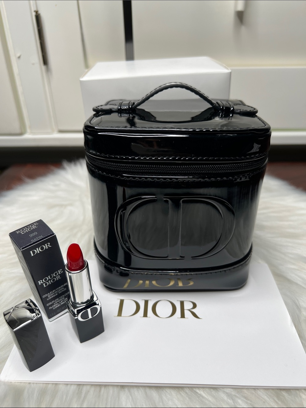 Dior Black Patent Top-Handle Makeup Bag with Rouge Dior Red Iconic 999 Lipstick